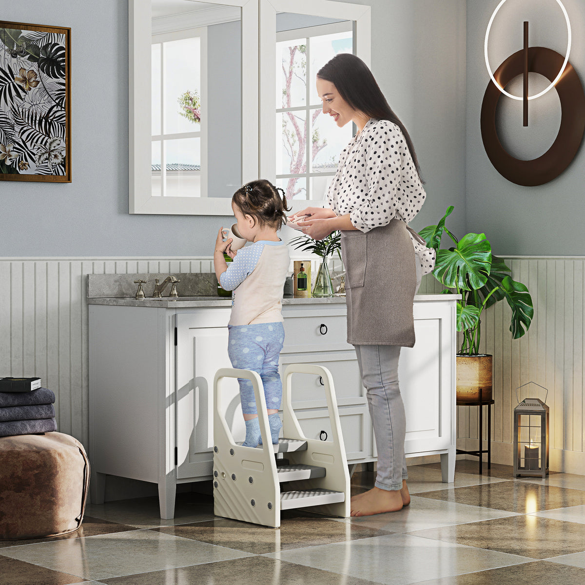 Banco Infantil Ajustável de 2 a 3 Degraus Torre de Aprendizagem Escada para Crianças de 2-5 Anos Superfície Antiderrapante para Casa de Banho Cozinha Quarto 43x42x65,5 cm Cinzento — foto 2
