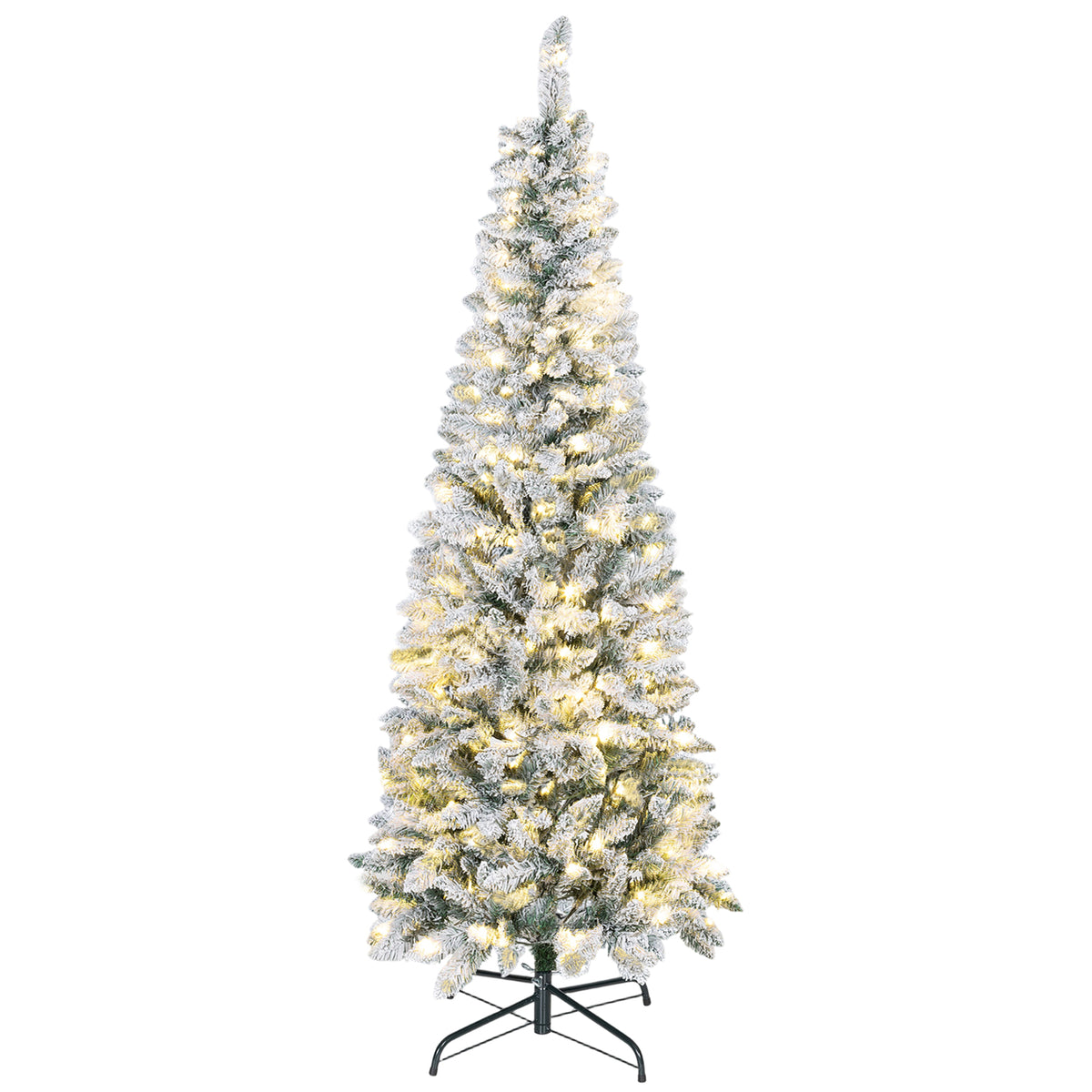 Árvore de Natal Estreita 180 cm Árvore de Natal Nevada com Luzes LED Bicolores 11 Modos de Iluminação 479 Ramos Suporte Metálico Montagem Fácil Verde — foto 1