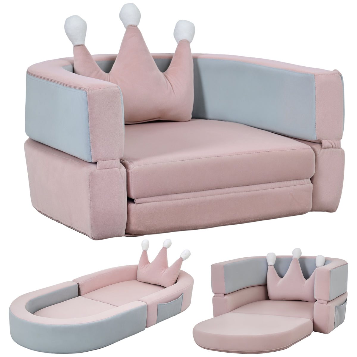 Sofá Infantil Convertível Sofá para Crianças com Almofada em Forma de Coroa Dobrável em Cama e Zona de Brincadeiras Estofado em Veludo Suave para Crianças dos 18 aos 36 Meses Rosa e Azul Acinzentado — foto 1