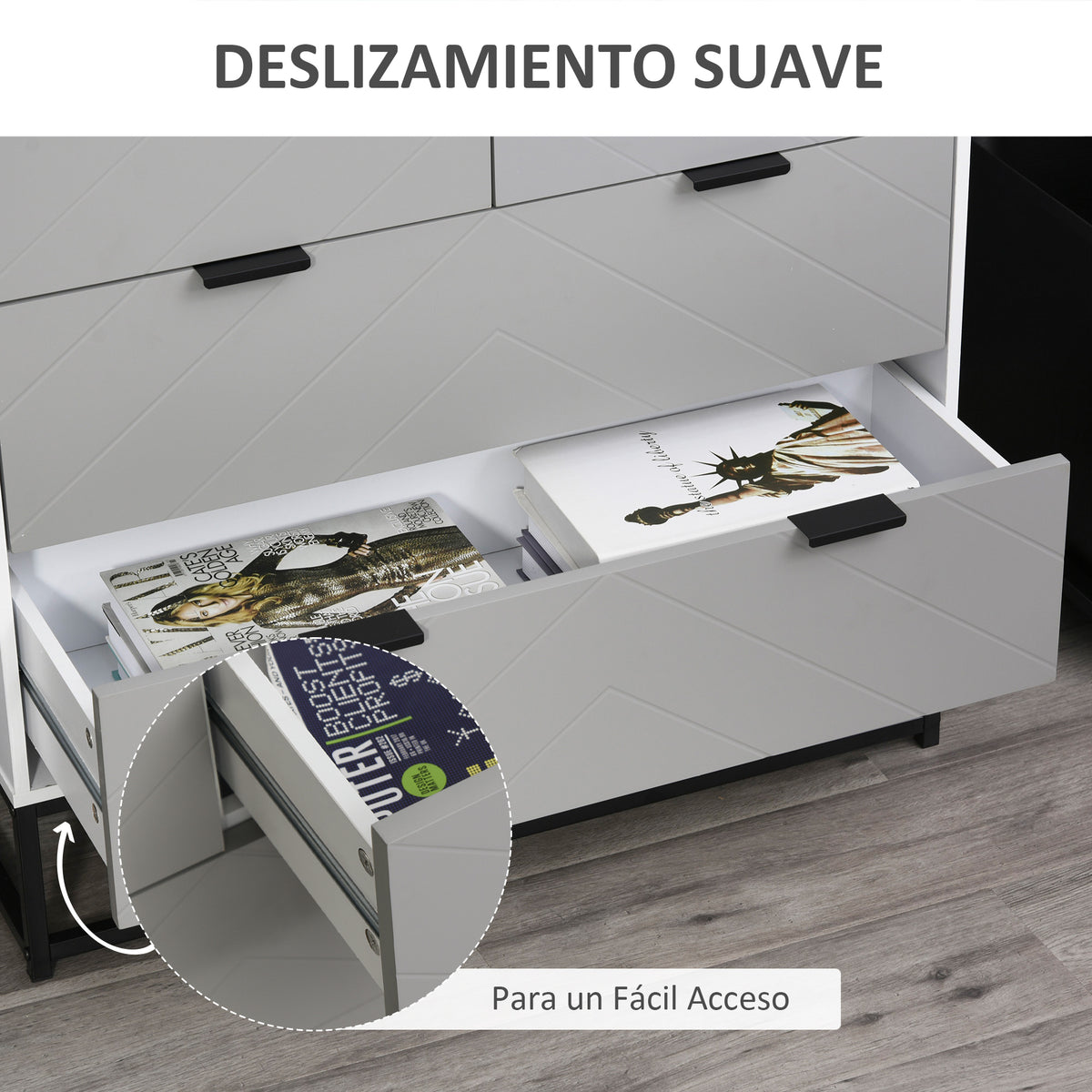 Cômoda de cabeceira com 4 gavetas com base elevada e desenho anti derrapante 80x40x79 cm Branco Cinzento e Preto — foto 5