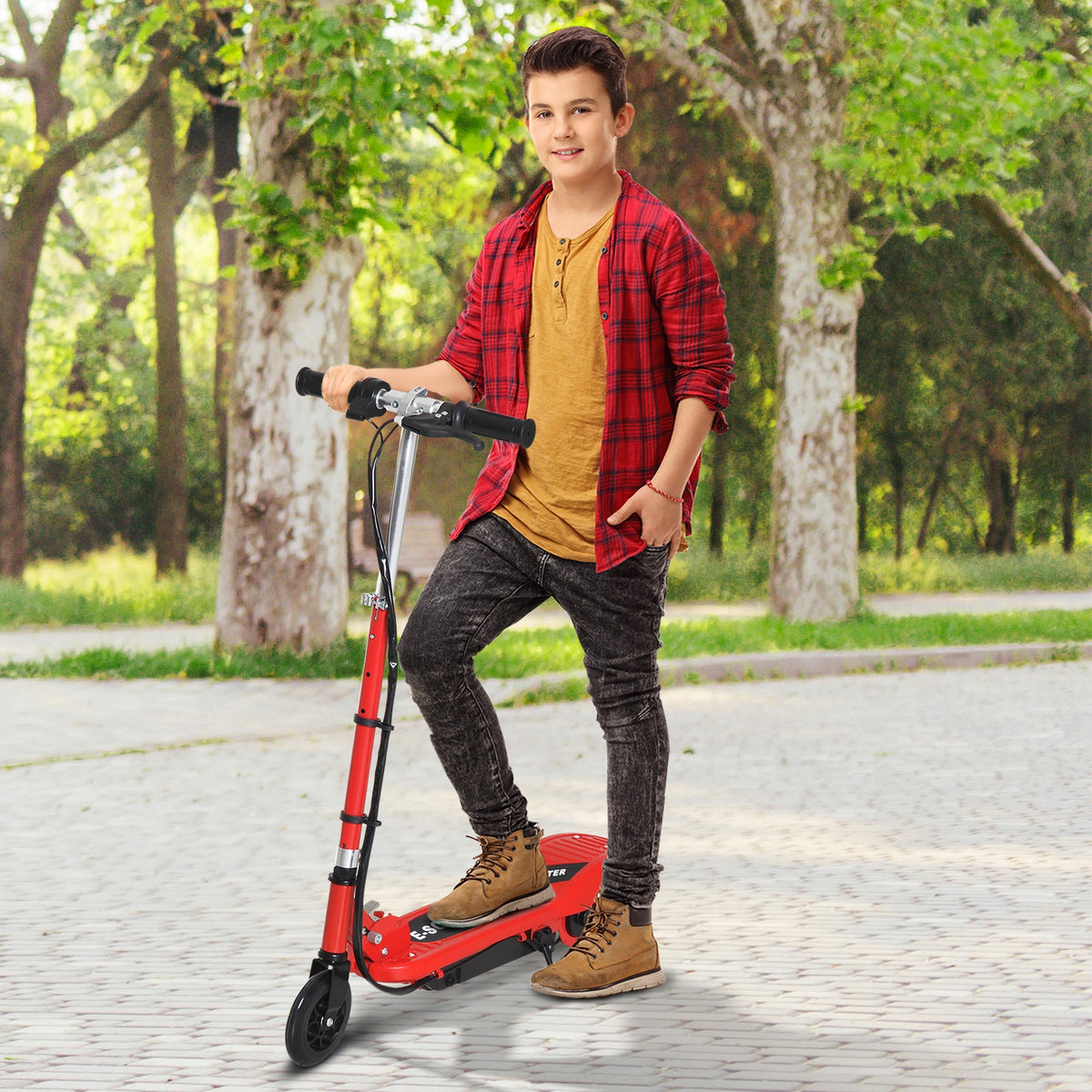 Trotinete Elétrica Criança De 7-14 Anos E-Scooter Dobrável Guiador Ajustável 12km/h Bateria Recarregável 12V Skate 120W Carga 50kg Vermelho — foto 2