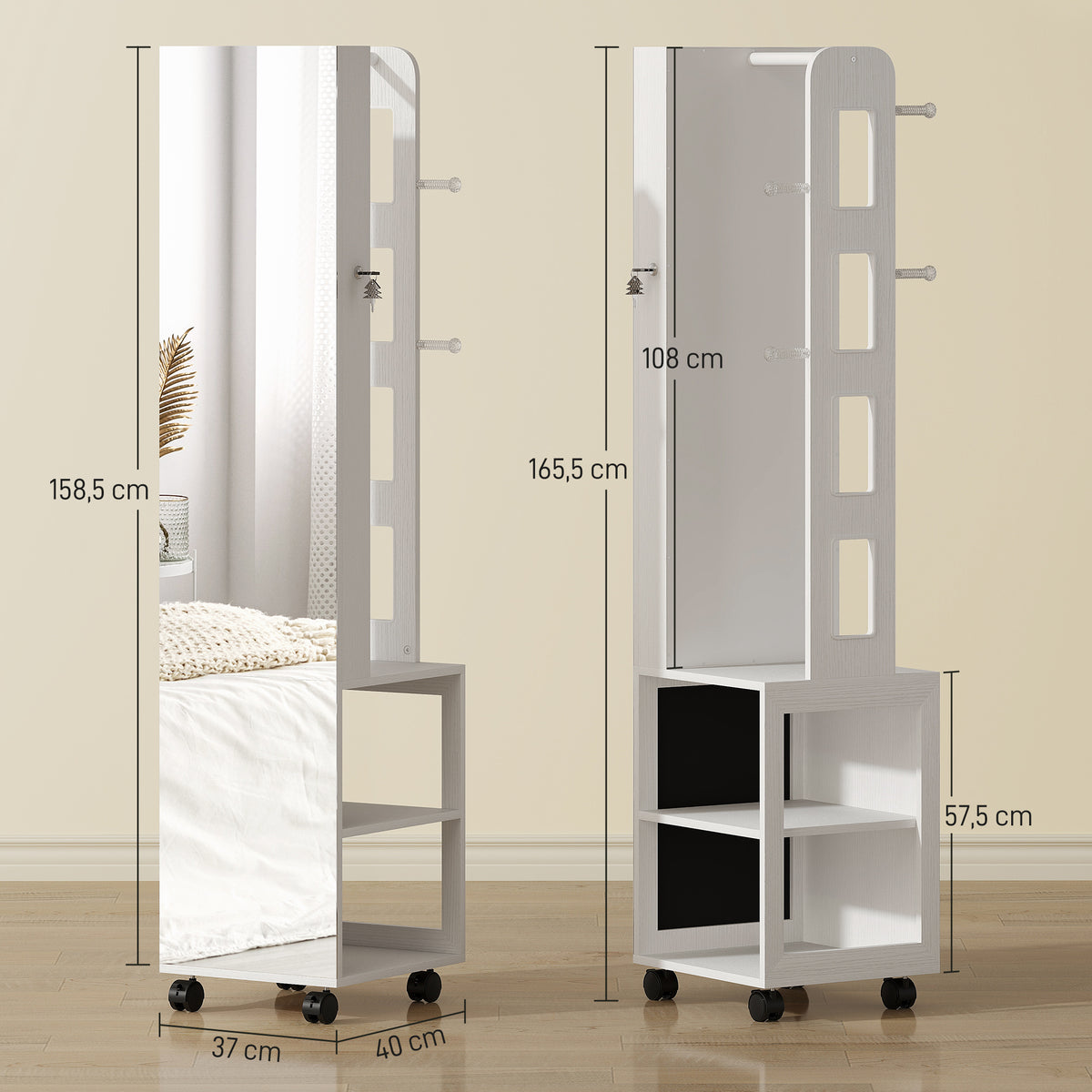 Espelho com Arrumação para Joias Luzes LED Armário para Joias com Rotação de 360° Espelho Fecho com Chave Compartimentos Superfície Branca e Forro 37x40x165,5 cm Branco — foto 3