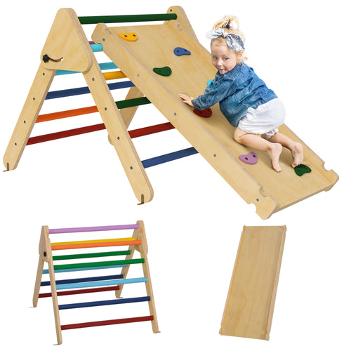 3 em 1 Triângulo de Escalada Montessori, Escalador Infantil de Madeira Dobrável, para Crianças dos 18 aos 48 Meses, com Rampa para Deslizar ou Escalar, 147x64,5 cm, Multicolor — foto 1