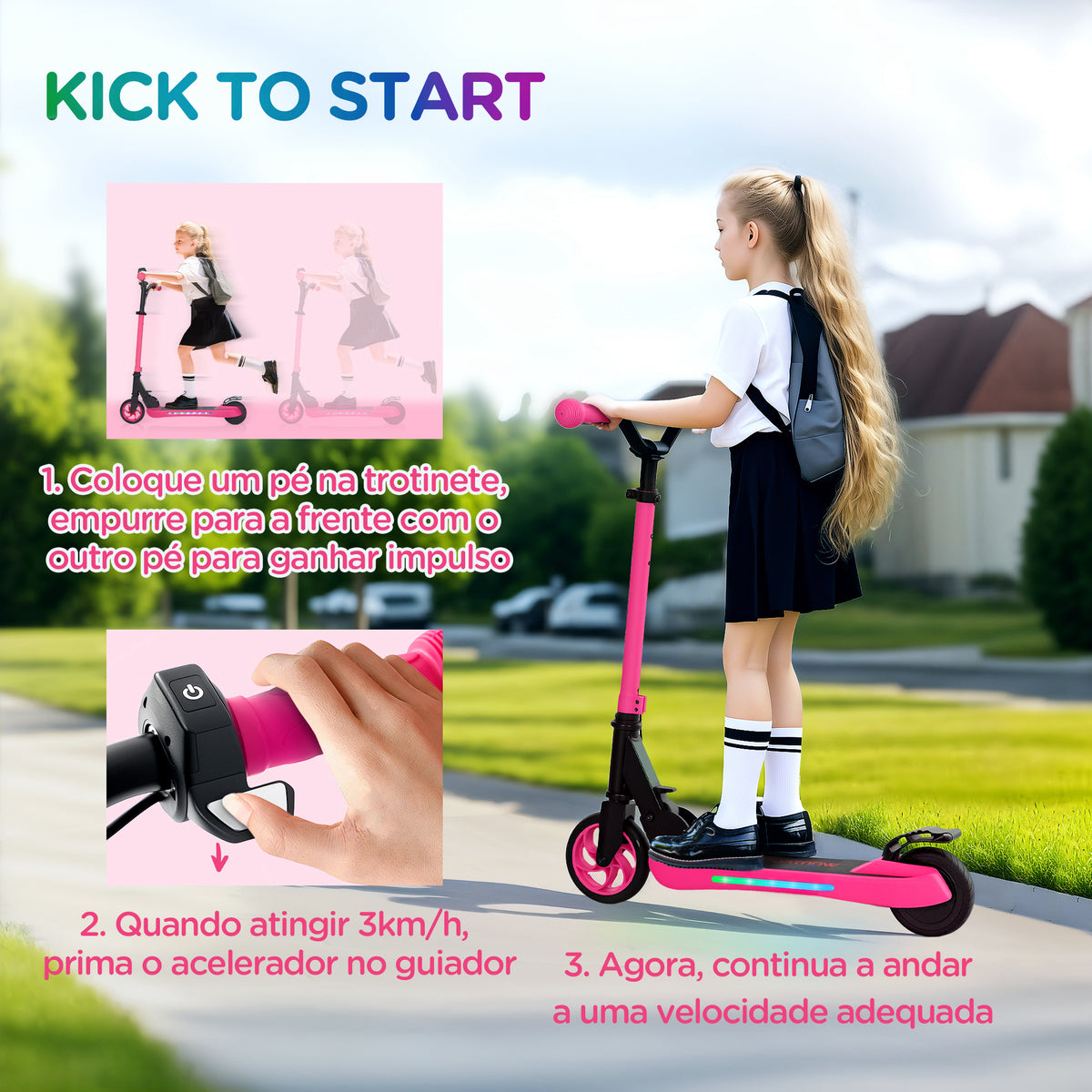 Trotinete Elétrica Dobrável para Crianças acima de 6 Anos Motor 120 W Autonomia 6 km e Máximo 10 km/h com Travão Altura Ajustável Luzes LED e Estrutura de Alumínio 74x52x83-87 cm Rosa — foto 4