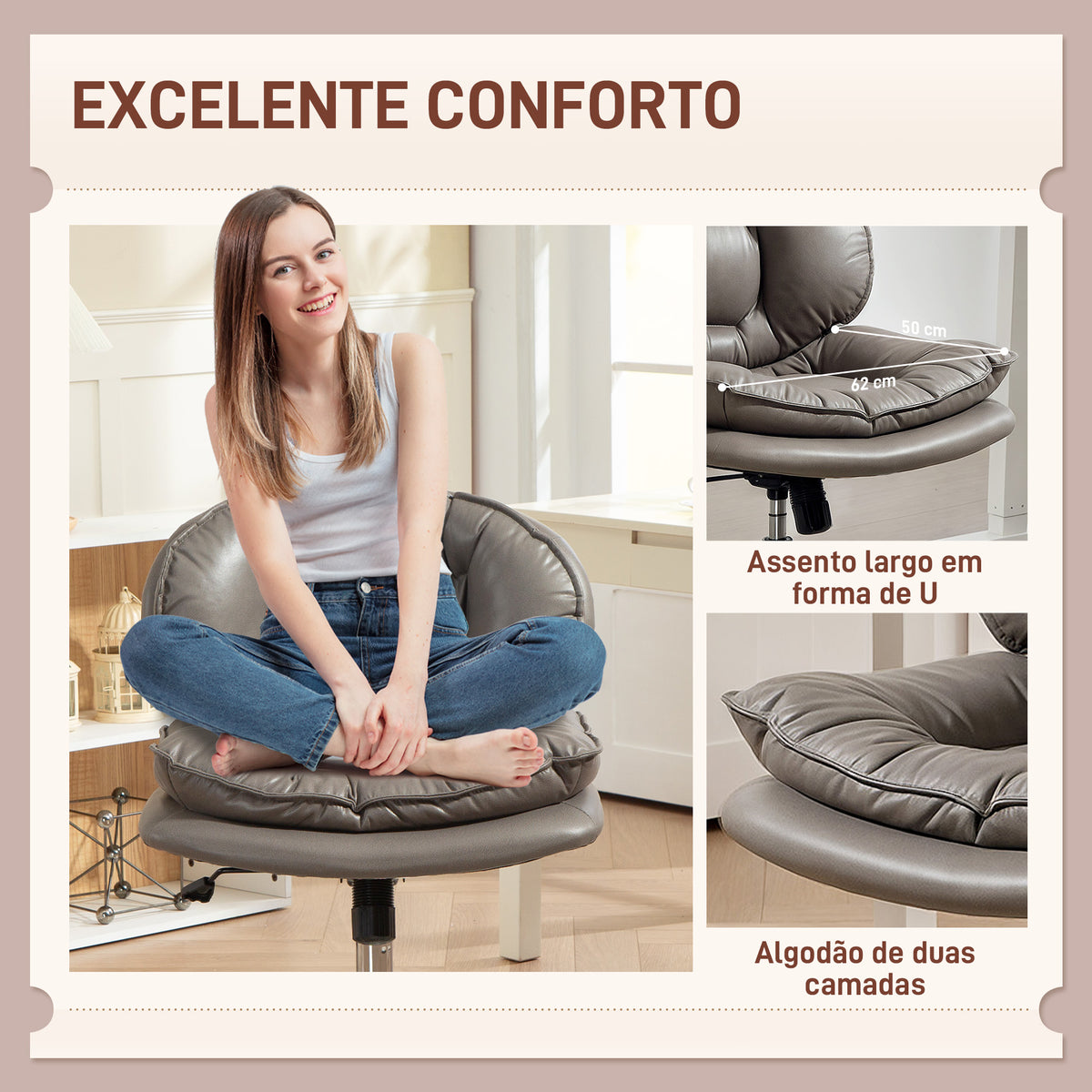 Cadeira de Escritório com Rodas Cadeira para Secretária com Função Inclinável Assento Amplo Sem Braços Duplo Acolchoamento Altura Ajustável 60x65x83-93 cm Cinza Escuro — foto 4