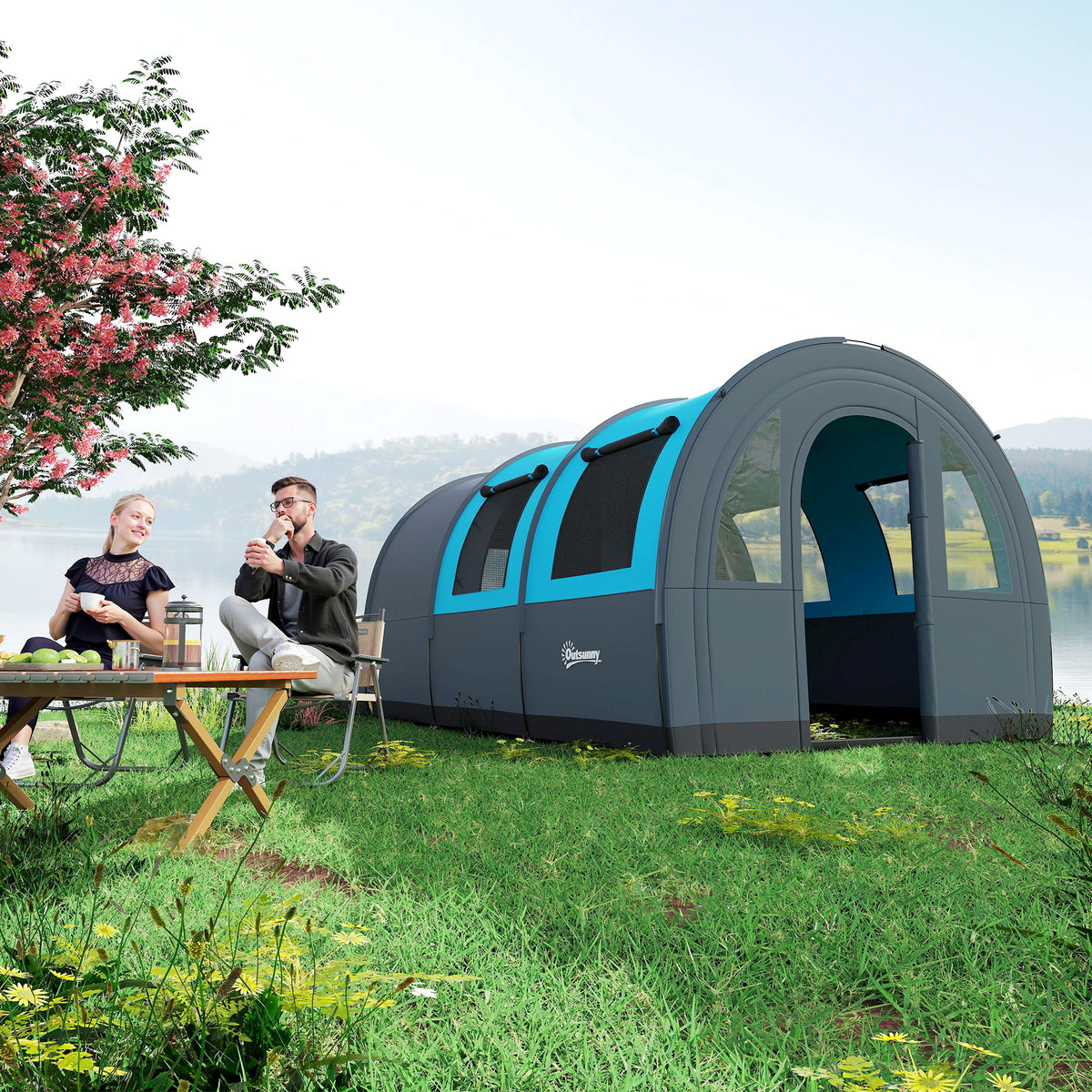 Tenda de Campismo Familiar para 5-6 Pessoas Tenda de Campismo Dobrável com 2 Quartos Portas e Bolsa de Transporte Impermeável 3000 mm para Trekking 480x260x200 cm Cinza — foto 2