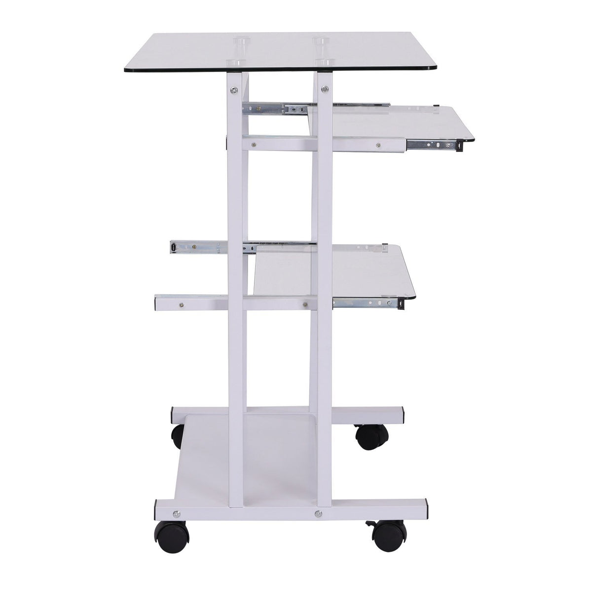 Secretária com Rodas Mesa para Computador com Bancada e Prateleiras de Cristal para Dormitório Escritório 80x51x83cm Branco — foto 5