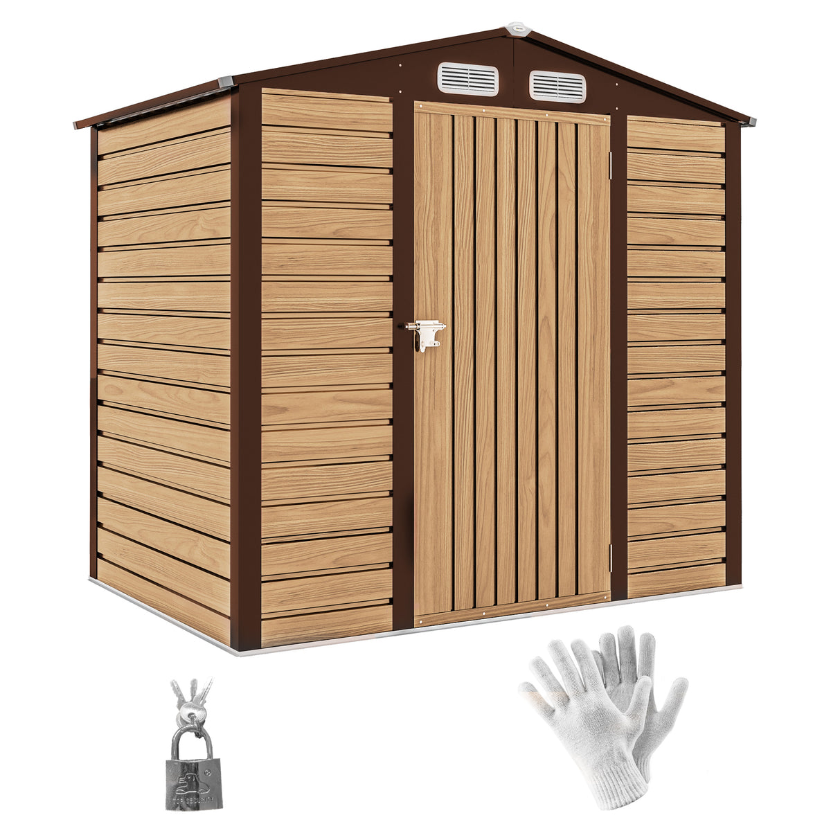 Casota de Jardim Exterior, 2,27 m² 190x131x188 cm, Abrigo Metálico de Jardim com 2 Ventilações, Porta com Fechadura, para Armazenamento de Ferramentas, Carvalho — foto 1
