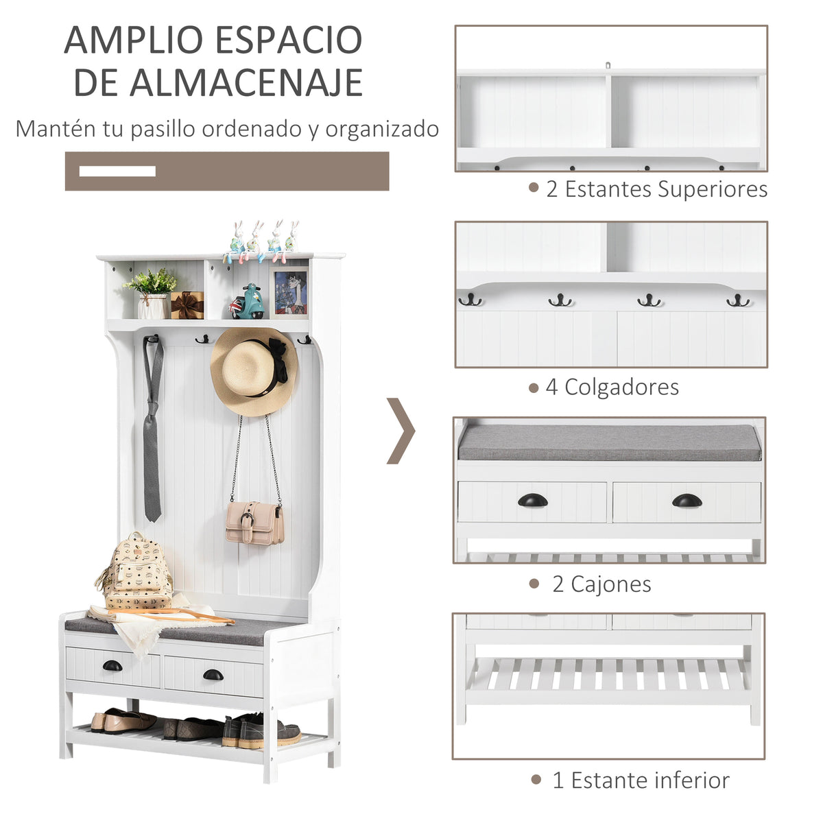 Cabide Sapateira com banco 4 ganchos 2 compartimentos abertos 2 gavetas removíveis e prateleira inferior moderna para corredor entrada 87x42x172 cm Branco — foto 4
