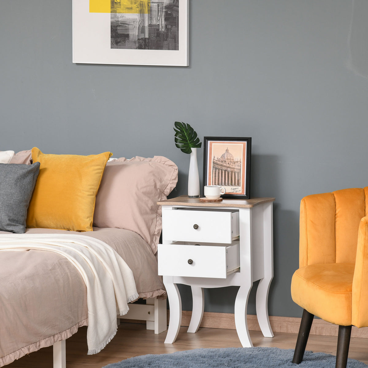 Mesa de cabeceira com 2 gavetas de armazenamento Base elevada para sala de estar Quarto estilo nórdico e vintage 46,5x32x64,5 cm Branco — foto 2