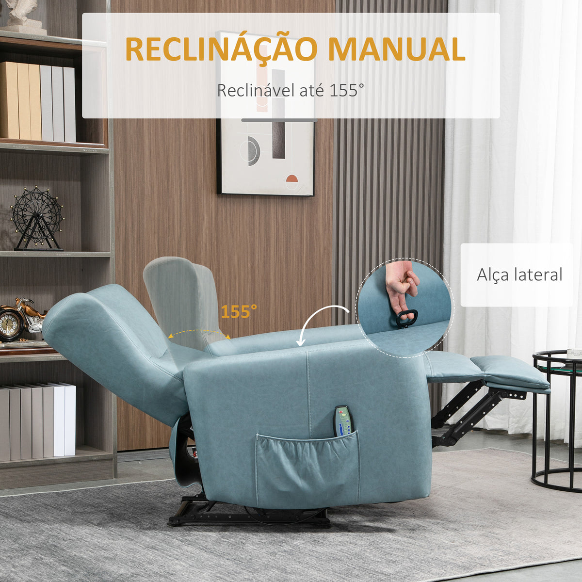 Poltrona de Massagem Relax Estofada em Tecido Técnico com Reclinação Manual 155° 8 Zonas de Massagem Contolo Remoto Apoio para os Pés e 2 Bolsos Laterais 79x101x96cm Azul Claro — foto 4