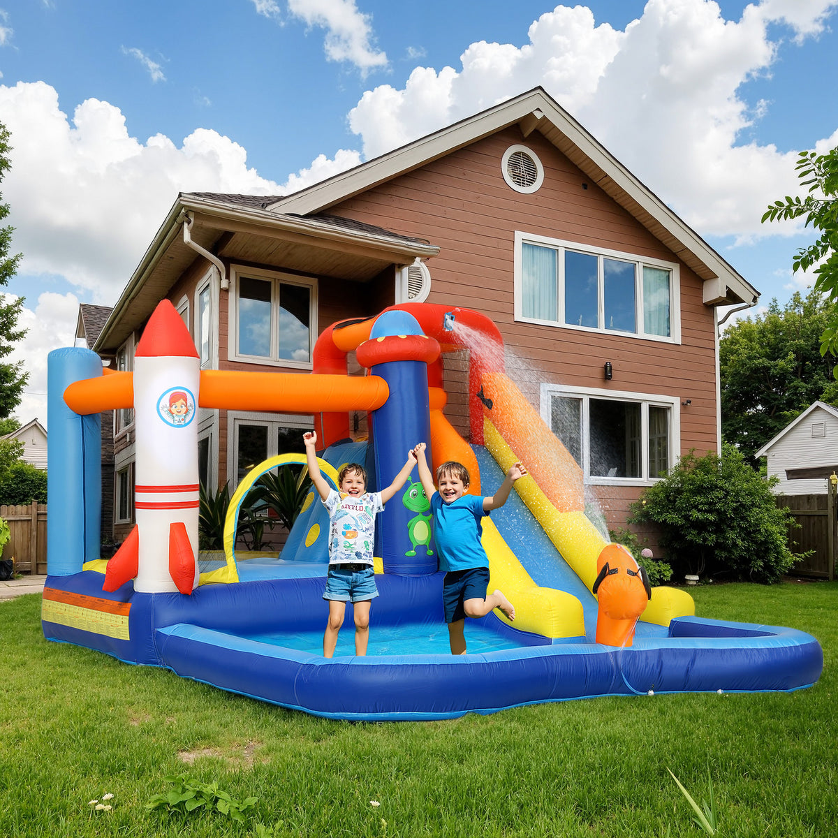 Castelo Insuflável com Insuflador 5 em 1 Parque Aquático Insuflável para Crianças com Escorrega Piscina Parede de Escalada e Canhão de Água para Exteriores e Interiores 360x250x195 cm Multicor — foto 2