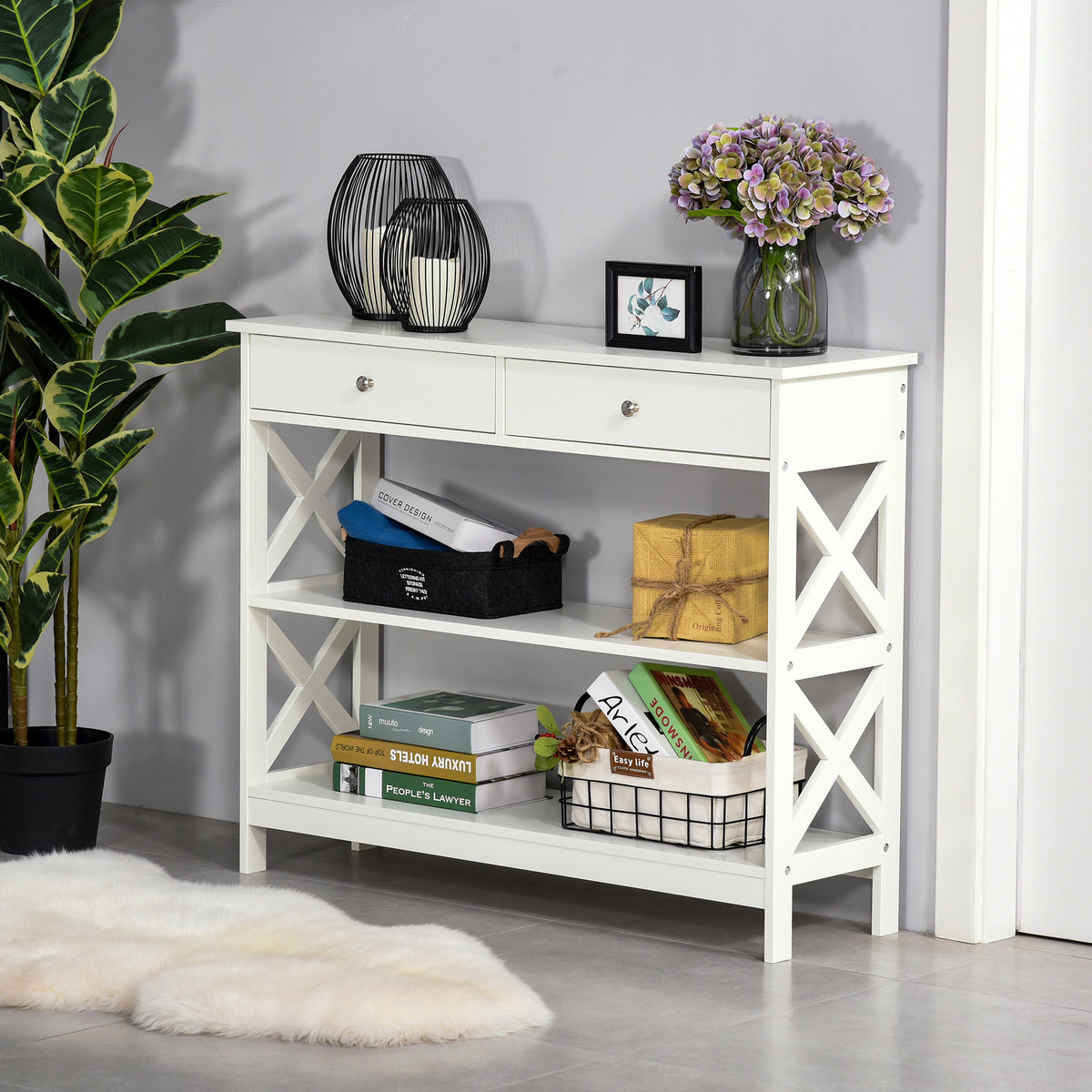 Mesa de console para Corredor com 2 gavetas e 2 prateleiras inferiores Móveis modernos Base elevada anti-inclinação 100x30.5x80 cm Branco — foto 2