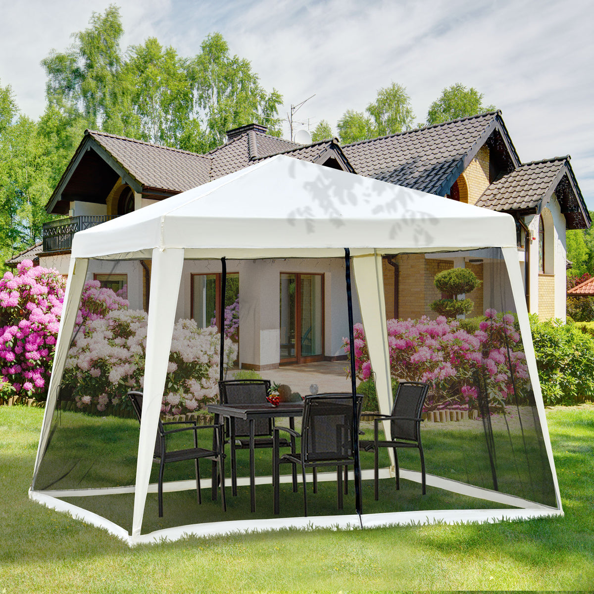 Tenda de Jardim 3x3m Tenda com 4 Partes Laterais Rede Mosquiteira com Zíper Proteção UV para Patio Bege — foto 2