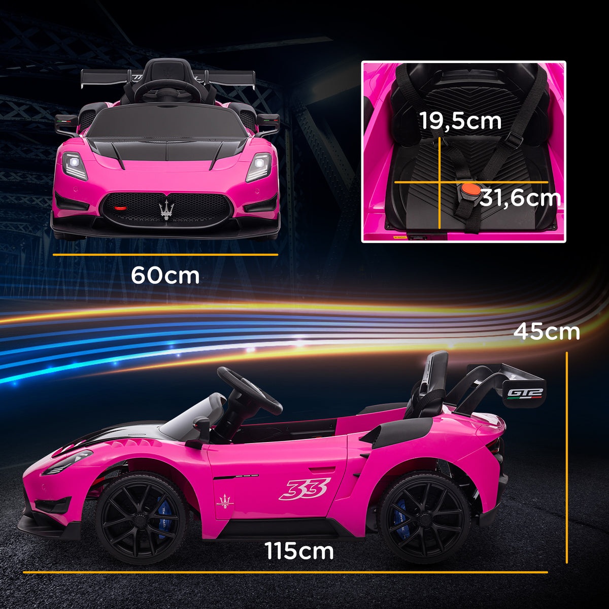 Carro Elétrico para Crianças acima de 3 Anos Carro Maserati GT2 Carro Elétrico a Bateria 12V Carro Elétrico para Crianças com Controlo Remoto Faróis LED Buzina Música e Rodas Auxiliares 115x60x45 cm Rosa — foto 3