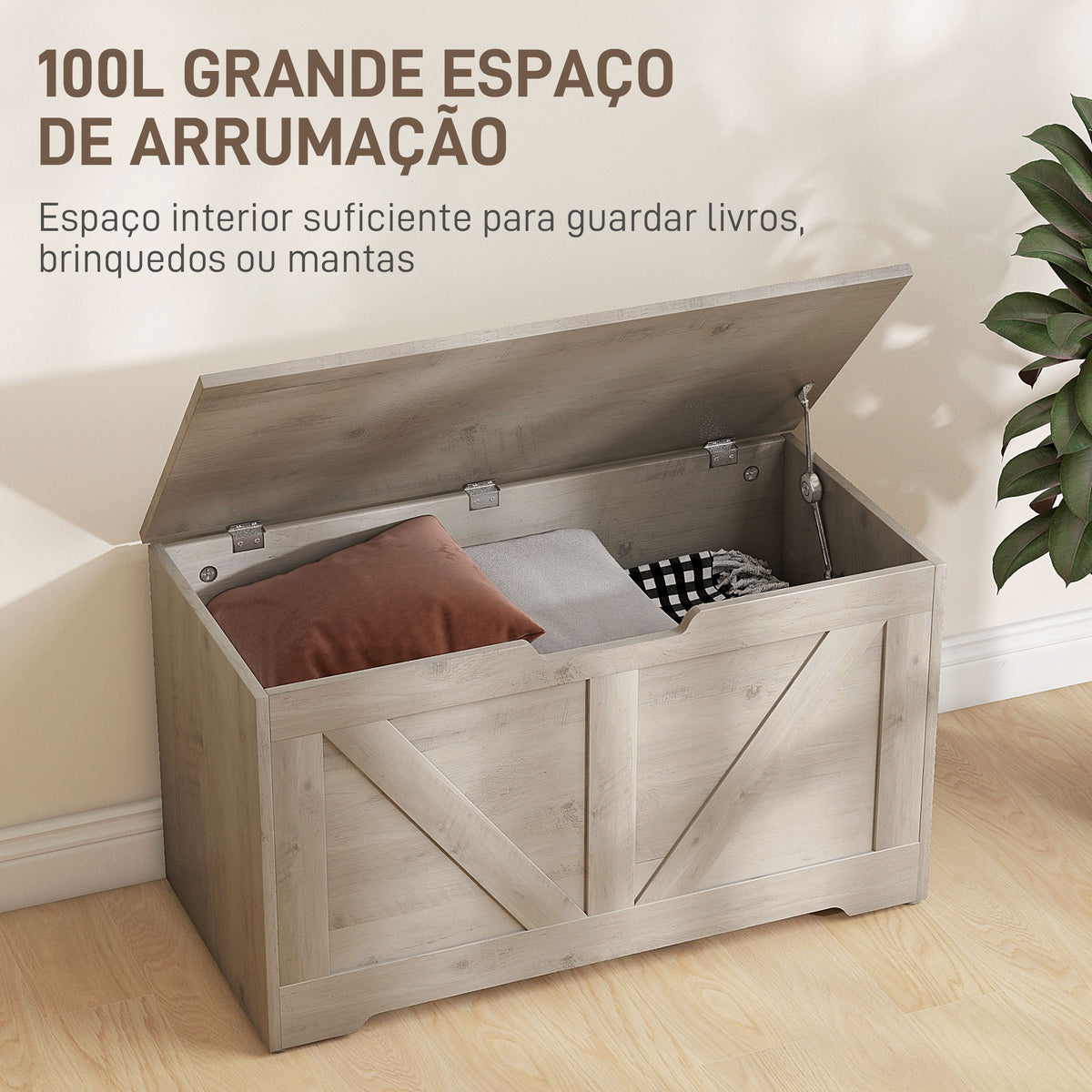 Baú de Armazenamento para Dormitório 100L Baú de Arrumação com Tampa Banco de Armazenagem Versátil com Dobradiça de Segurança para Corredor Sala de Estar 80x40x45 cm Cinzento — foto 4