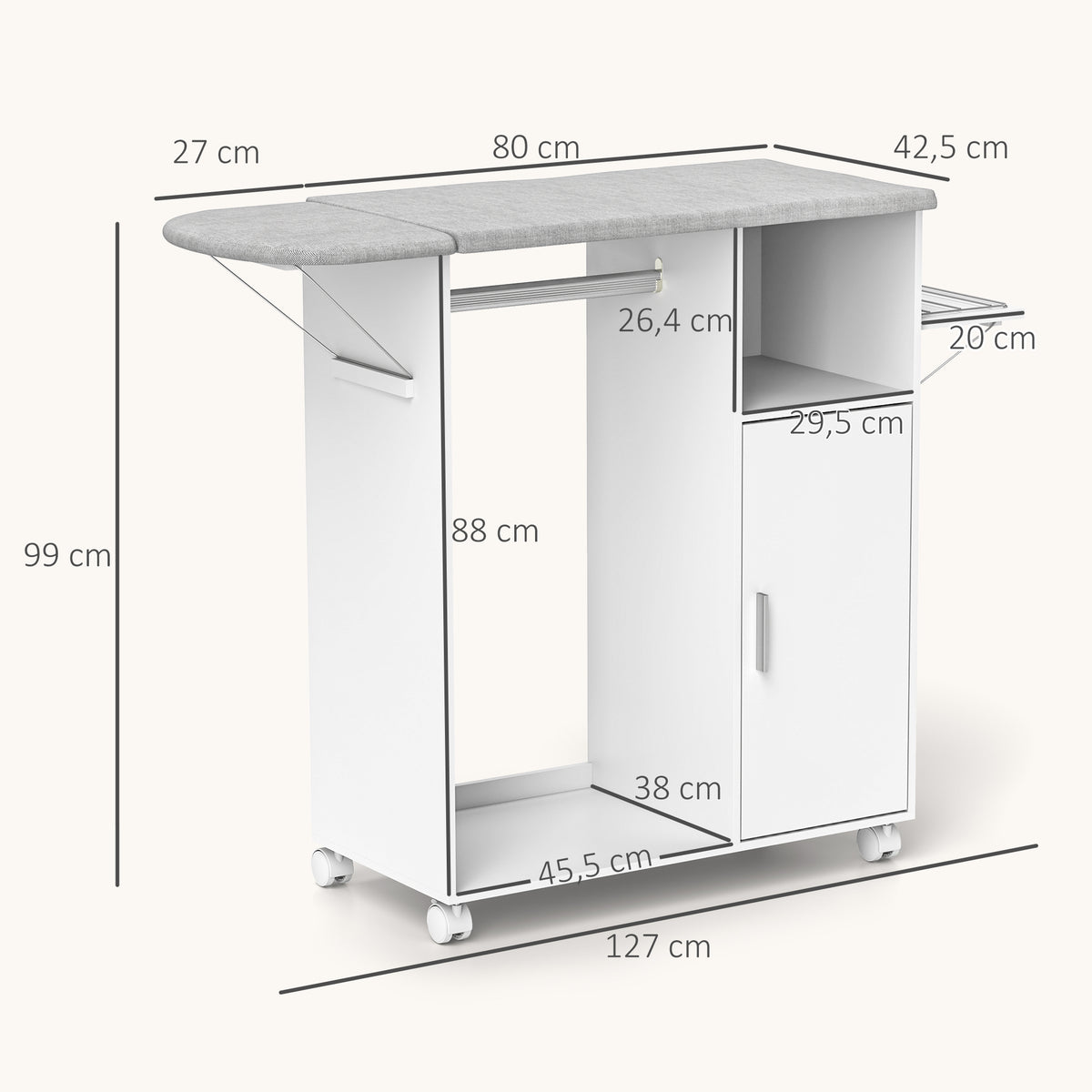 Móvel de Engomar de Madeira Móvel de Engomar com Rodas Barra para Pendurar Roupa Prateleira Aberta e Tábua Dobrável para Sala Quarto 107x42,5x99 cm Branco — foto 3