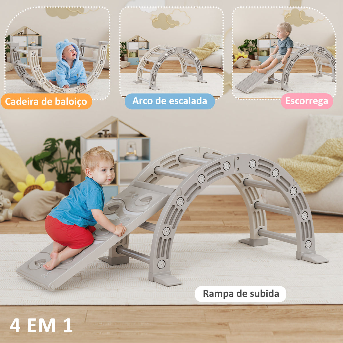 Brinquedo de Escalada para Crianças 4 em 1 com Arco de Escalada Baloiço Rampa e Escorrega Brinquedo de Plástico para Crianças de 18-48 Meses para Interior e Exterior Cinza e Branco — foto 4