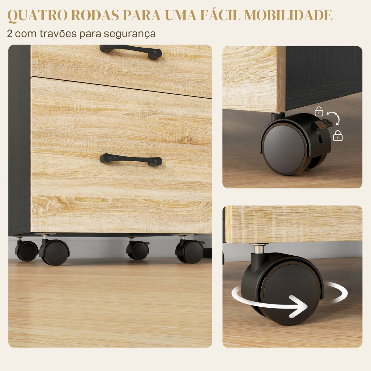 Bloco de Gavetas de Escritório Móvel de Arquivos com 4 Rodas 3 Gavetas para Tamanho A4 Carta para Secretária 40x42x65 cm Carvalho e Preto — foto 6
