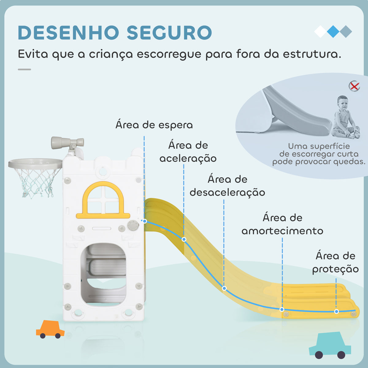 Escorrega Infantil 4 em 1 para Crianças de 1-3 Anos com Cesto de Basquetebol Telescópio Escalador e Espaço de Arrumação para Interior e Exterior 70x177x92 cm Amarelo e Verde — foto 5