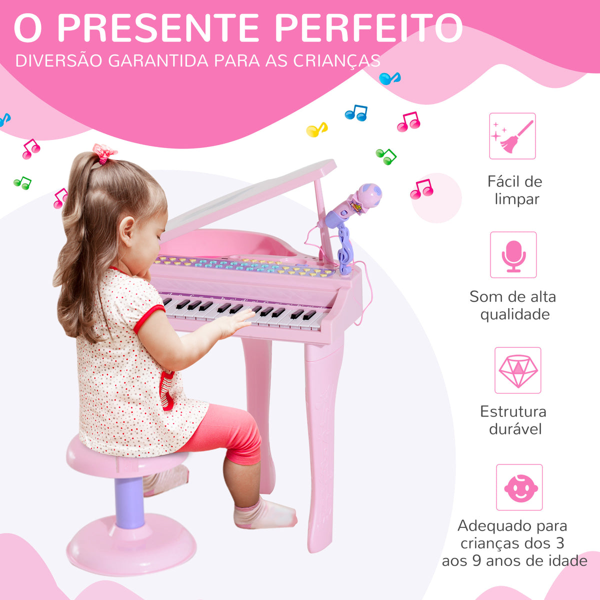 Piano para Crianças com 37 Teclas Piano Infantil com Microfone Banco Luzes 22 Músicas e Entrada para MP3 e USB 48x39x69 cm Rosa — foto 4