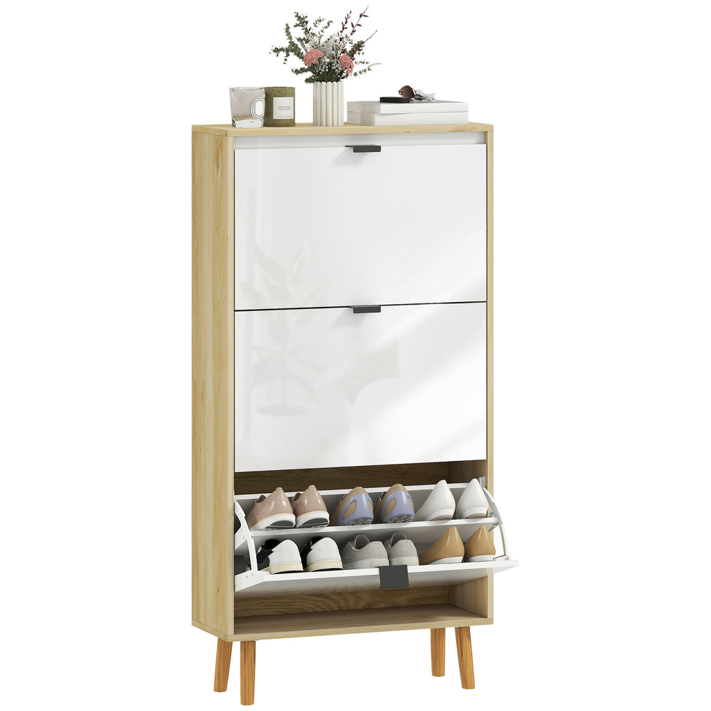 Sapateira Estreita com 3 Portas em Branco Brilhante Sapateira de Entrada com Prateleiras Ajustáveis e Pernas de Madeira para 18 Pares de Sapatos 60x24x127 cm Branco — foto 1