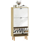 Sapateira Estreita com 3 Portas em Branco Brilhante Sapateira de Entrada com Prateleiras Ajustáveis e Pernas de Madeira para 18 Pares de Sapatos 60x24x127 cm Branco — foto 1