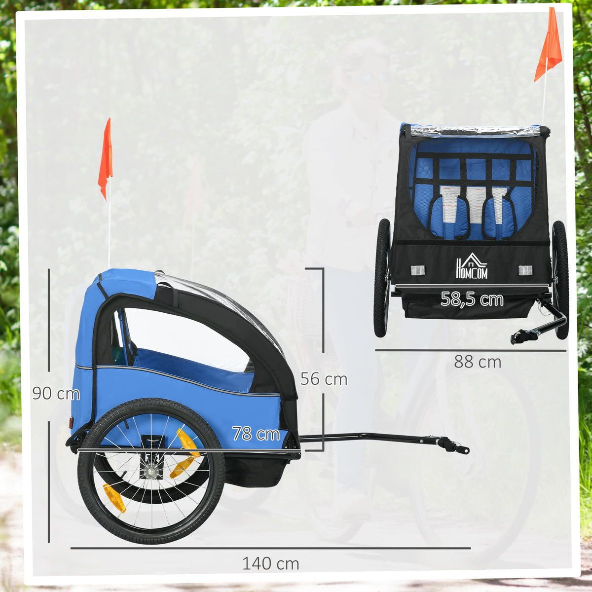 Reboque de Bicicleta para Crianças acima de 18 Meses Reboque de Bicicleta com 2 Lugares com Cinto de Segurança Espaço de Armazenamento e Sistema de Amortecimento 140x88x90 cm Azul — foto 3