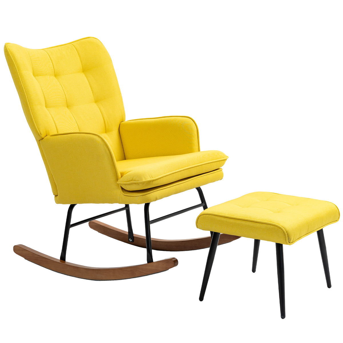 Conjunto de Poltrona Baloiço com Apoio para os Pés Poltrona Relax com Almofada Acolchoada e Anti-Tombo Carga 130 kg Sala de Estar Dormitório 64x89x90 cm Amarelo — foto 1