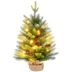 Árvore de Natal 60 cm Árvore de Natal Artificial de Mesa com 20 Luzes LED 141 Ramos 5 Pinhas 5 Bagas Vermelhas e Suporte de Metal Árvore Natalícia para Interior Verde — foto 1