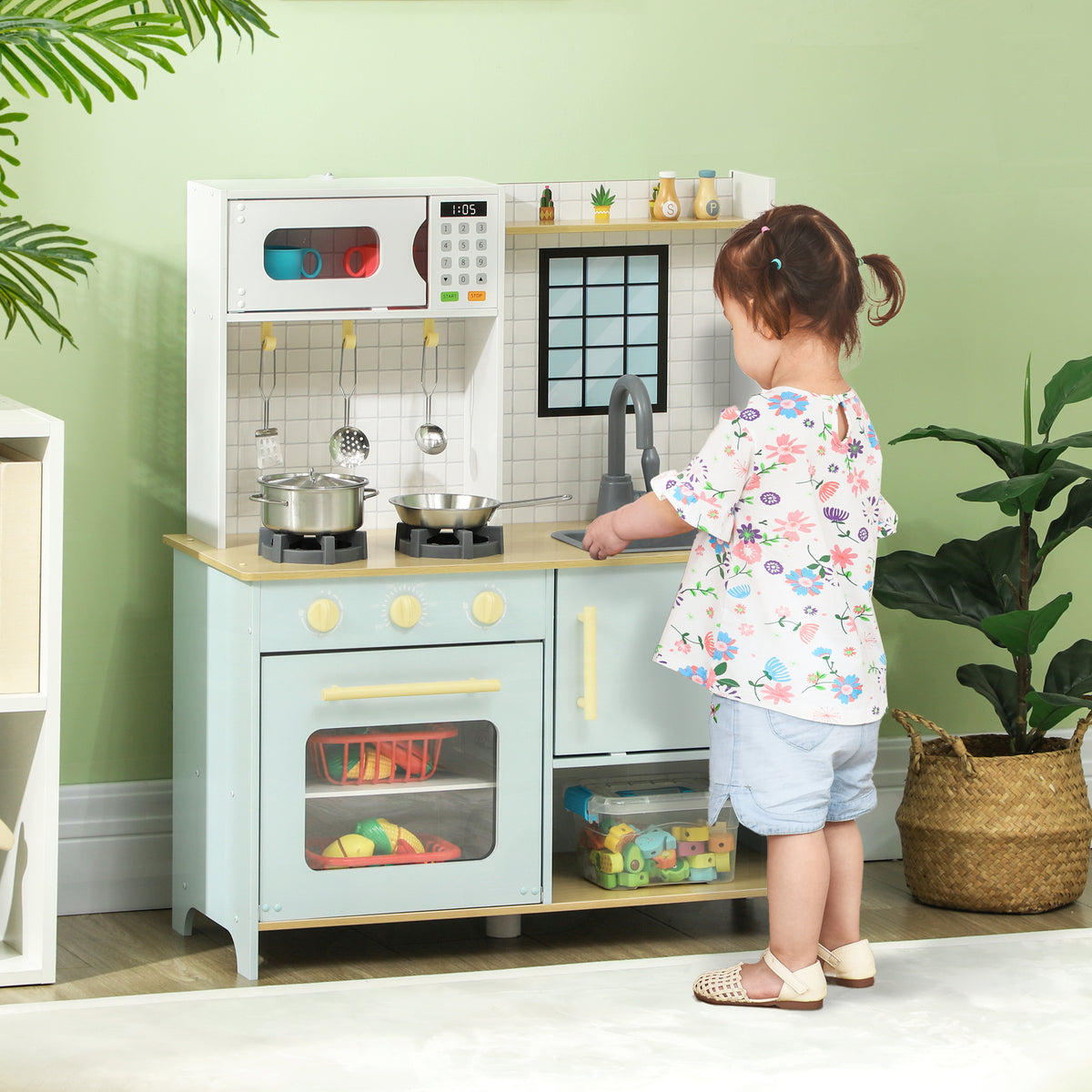 Cozinha de Madeira para Crianças acima de 3 Anos Cozinha de Brincar Infantil com Som Fogão Lavatório Micro-Ondas e Acessórios Azul — foto 2