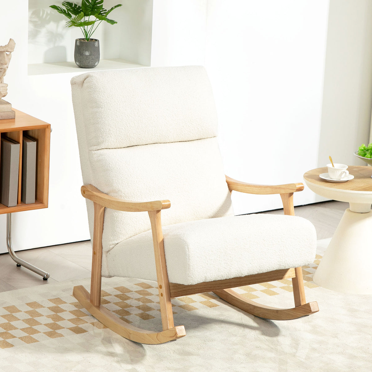Poltrona Baloiço Moderna Poltrona Baloiço com Pés e Apoio para os Braços de Madeira de Faia Encosto Alto Poltrona de Amamentação Carga 120 kg para Dormitório Sala de Estar 65x90x98 cm Creme — foto 2
