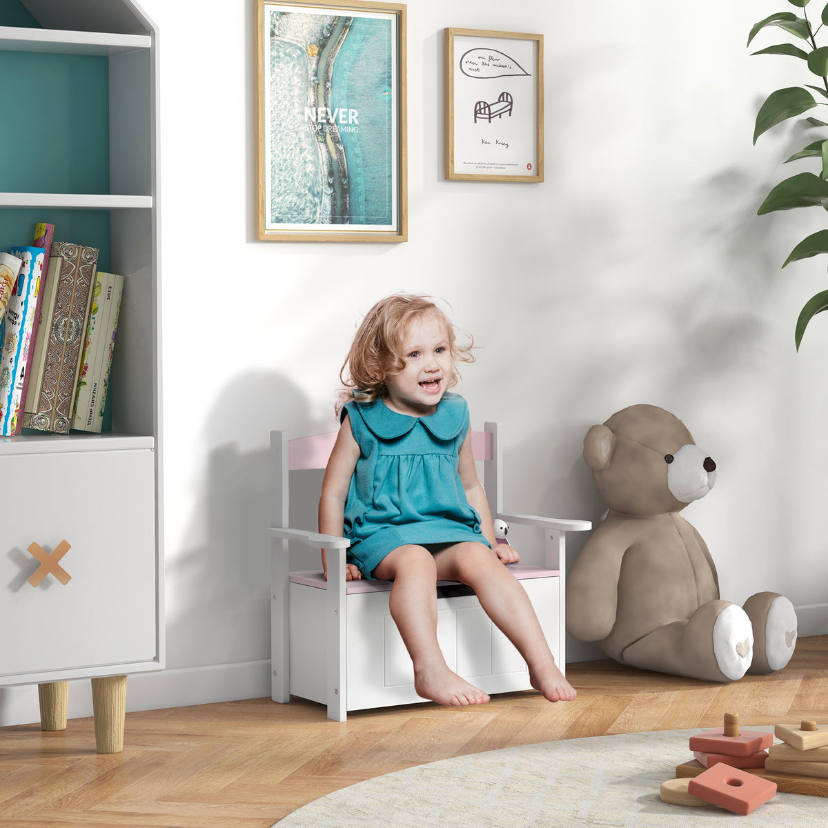 Baú de Brinquedos Infantil Banco de Armazenamento para Crianças com Encosto e Tampa Amortecida Suporta 30 kg para Salas de Jogos Quarto 68,5x34x58 cm Rosa e Branco — foto 2