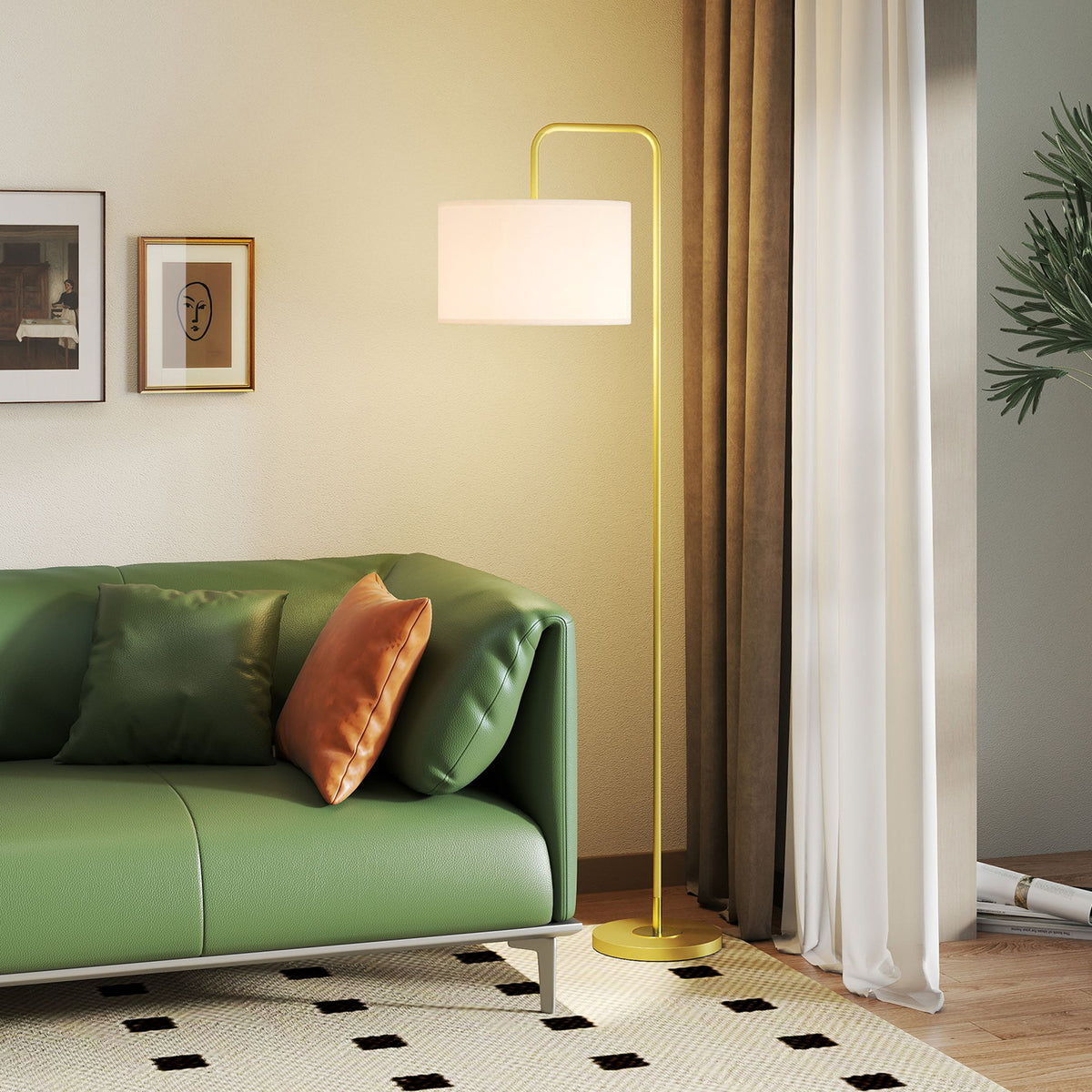 Candeeiro de Pé Moderno Lâmpada E27 Máx. 40W com Ecrã de Linho Estrutura de Aço e Interruptor de Pé Candeeiro de Leitura para Sala de Estar Dormitório 64x38x163,5 cm Branco e Dourado — foto 2