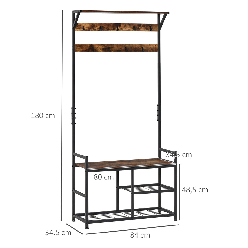 Móvel Cabide de Entrada com 3 Prateleiras 9 Ganchos Armário de Entrada com Cabides de Estilo Industrial 84x34,5x180cm Marrom e Preto — foto 3