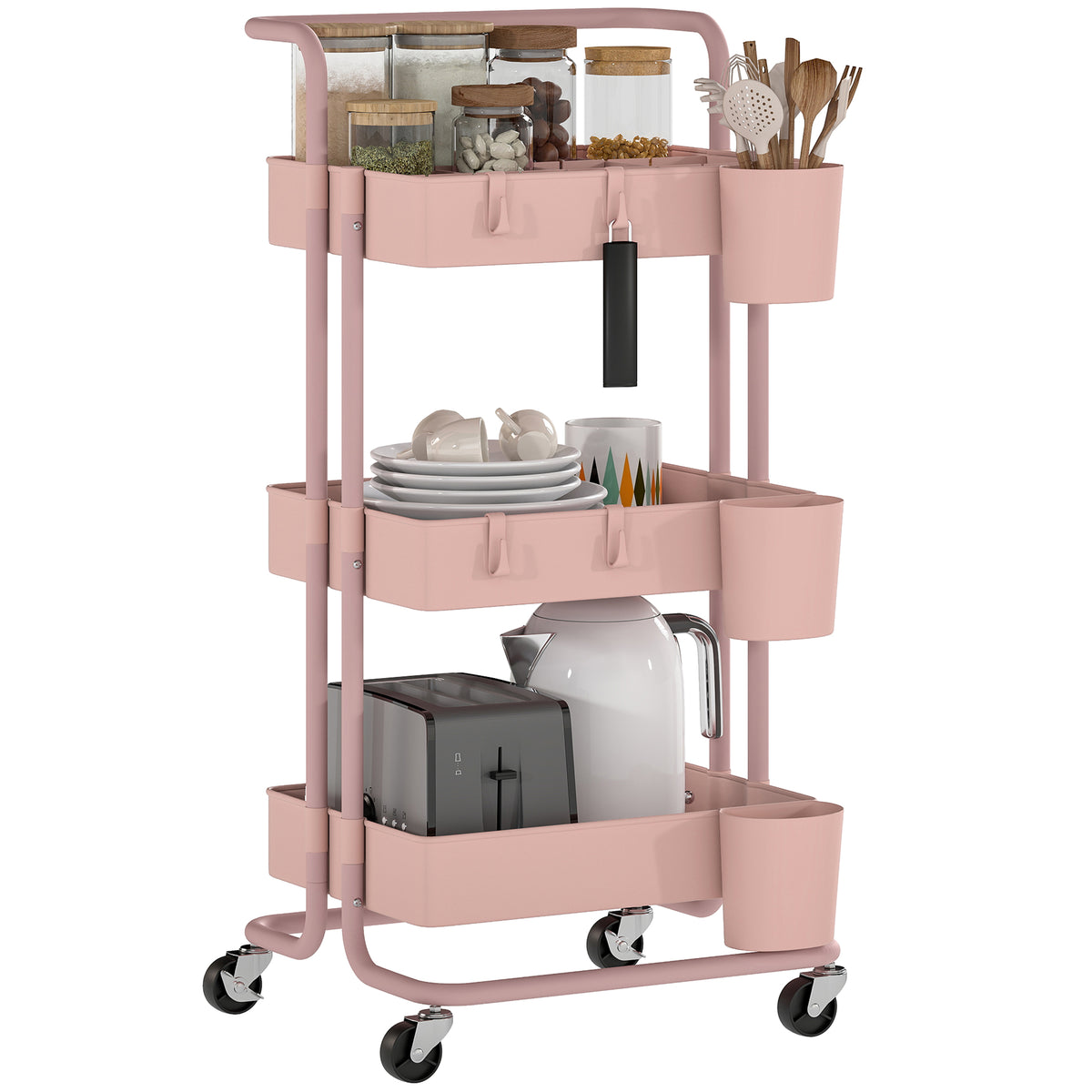 Carrinho de Cozinha de Aço Carrinho de Armazenamento com 4 Ganchos 3 Cestas Removíveis 3 Caixas Suspensas e Travões para Casa de Banho Sala de Estar Dormitório 42x38x86,5 cm Rosa — foto 1