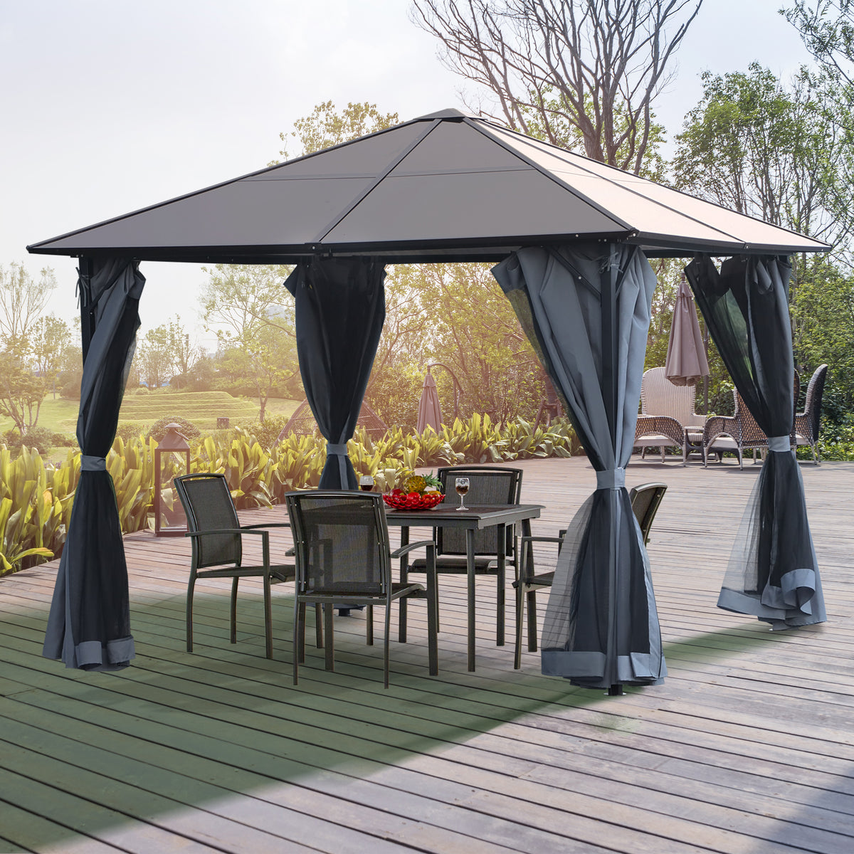 Gazebo 3x3 m com telhado de policarbonato 4 cortinas laterais e 4 redes mosquiteiras com zíper de estrutura metálica para multicolor — foto 2