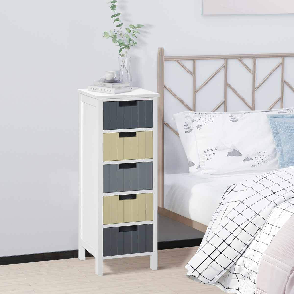 Cómoda de Madeira com 5 Gavetas Cómoda Auxiliar de Armazenamento com Pés Elevados Estilo Moderno para Dormitório Sala de Estar Casa de Banho 35x28x90,5cm Multicor — foto 2