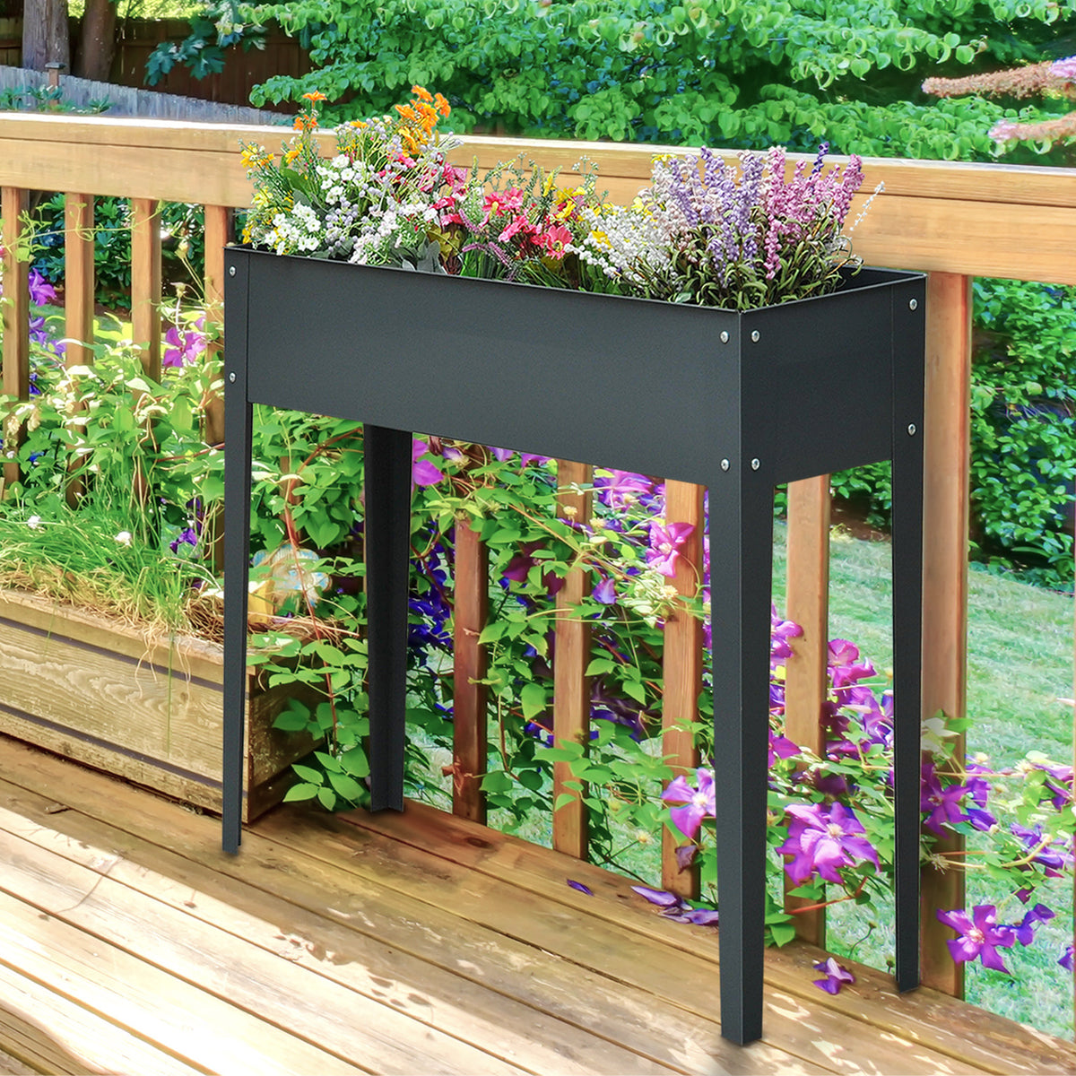 Horta Urbana Elevada para Jardim e Terraço, Floreira Retangular Elevada, Mesa de Cultivo para Plantas, Legumes e Flores com 3 Orifícios de Drenagem, 100x30x80 cm, Cinzento — foto 2