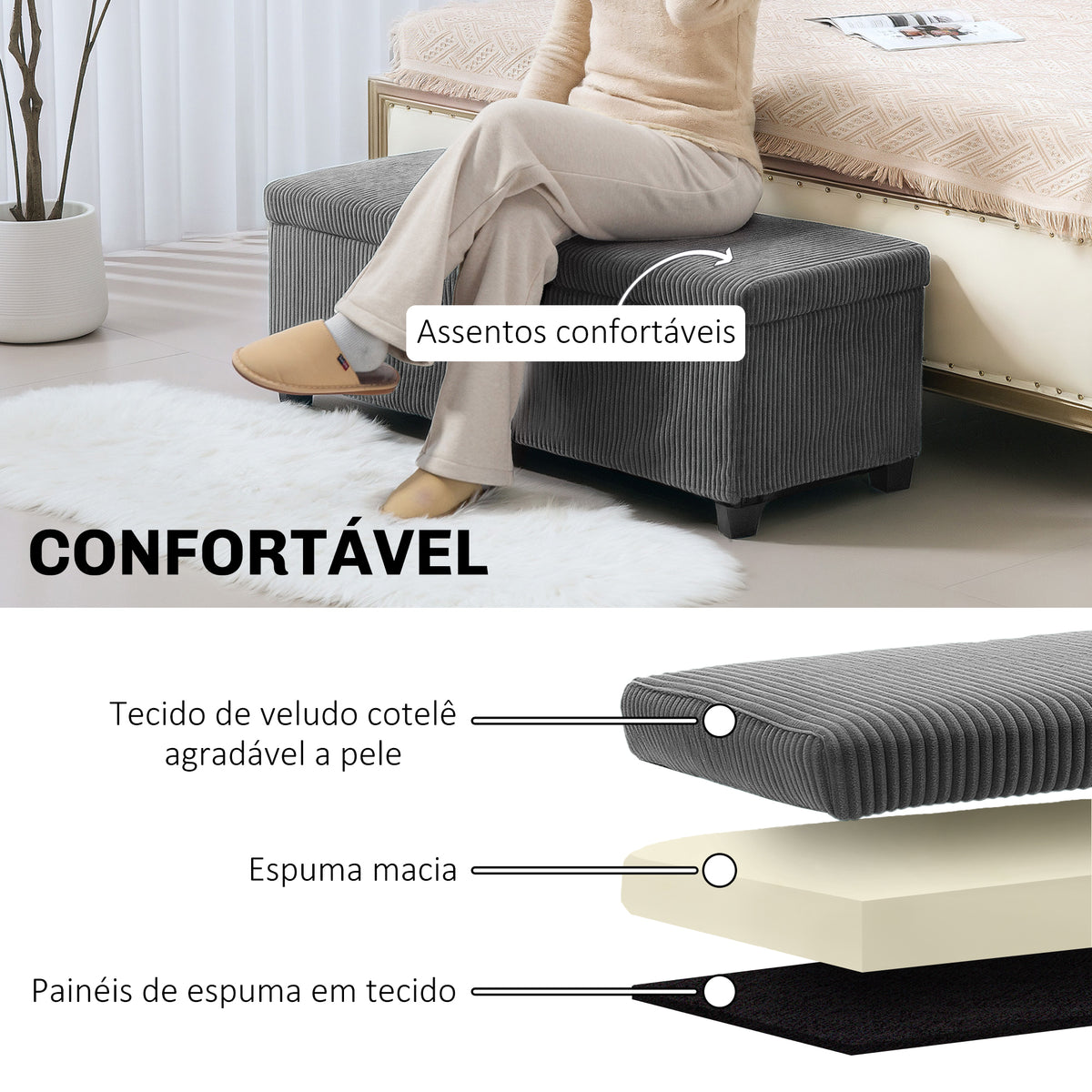 Banco de Arrumação Banco com Armazenamento Capacidade de 84 L 112x42x40 cm Estofado em Veludo Banco Pé de Cama para Dormitório Cinzento — foto 5