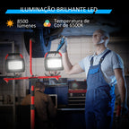 Projetor LED Duplo Recarregável de Alumínio com Tripé Dobrável 8500 Lúmenes IP65 6500K e Cabeças Ajustáveis para Trabalho Interior e Exterior Vermelho e Preto — foto 6