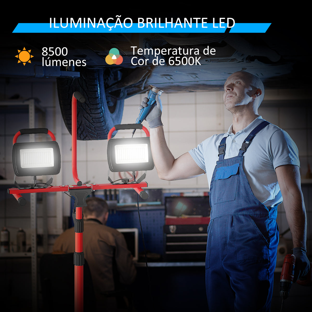 Projetor LED Duplo Recarregável de Alumínio com Tripé Dobrável 8500 Lúmenes IP65 6500K e Cabeças Ajustáveis para Trabalho Interior e Exterior Vermelho e Preto — foto 6
