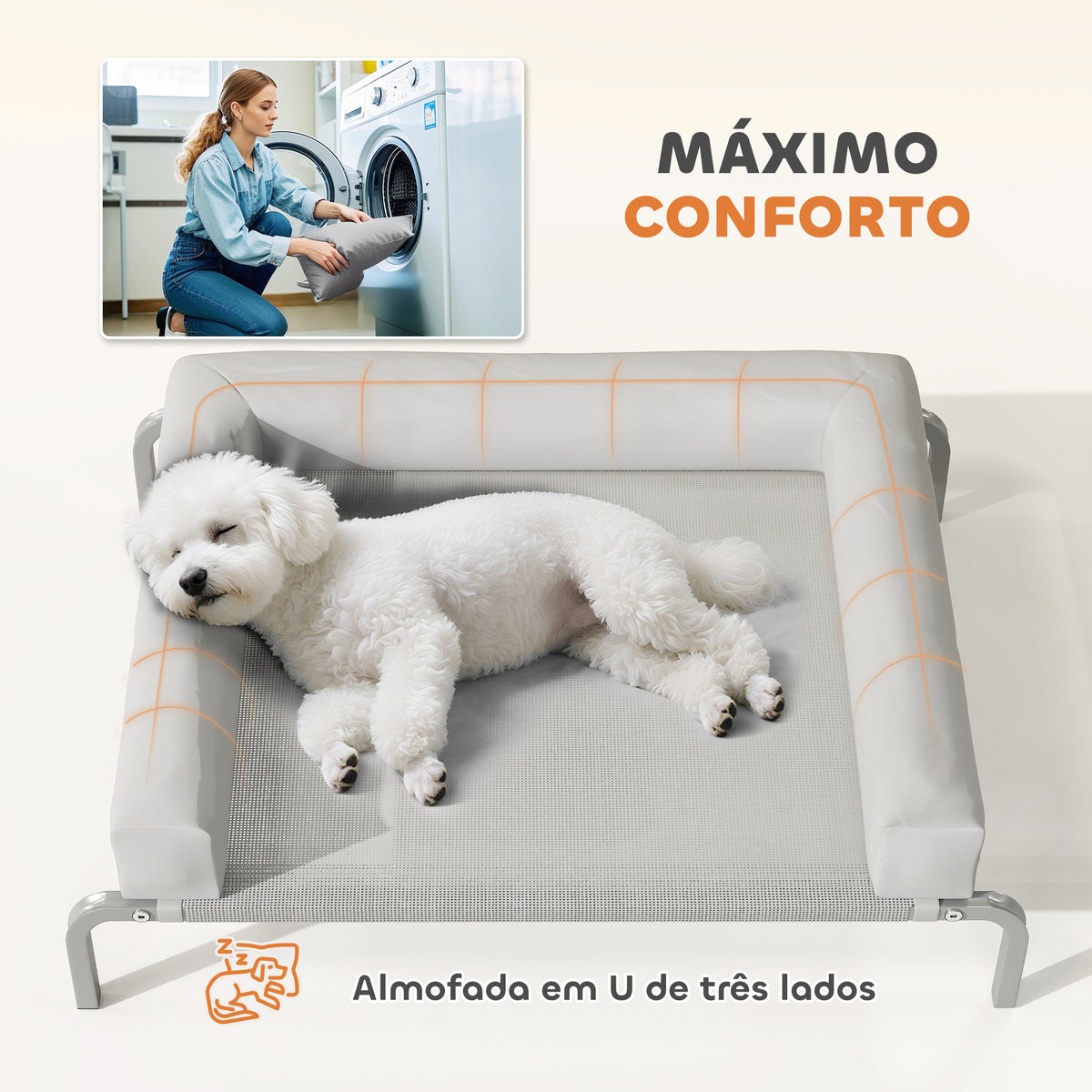 Cama Elevada para Cães com Latertais Amovíveis Cama Elevada para Cães Pequenos Portátil com Malha Respirável Estrutura de Aço para Interior e Exterior 90x65x30 cm Cinza Claro — foto 5
