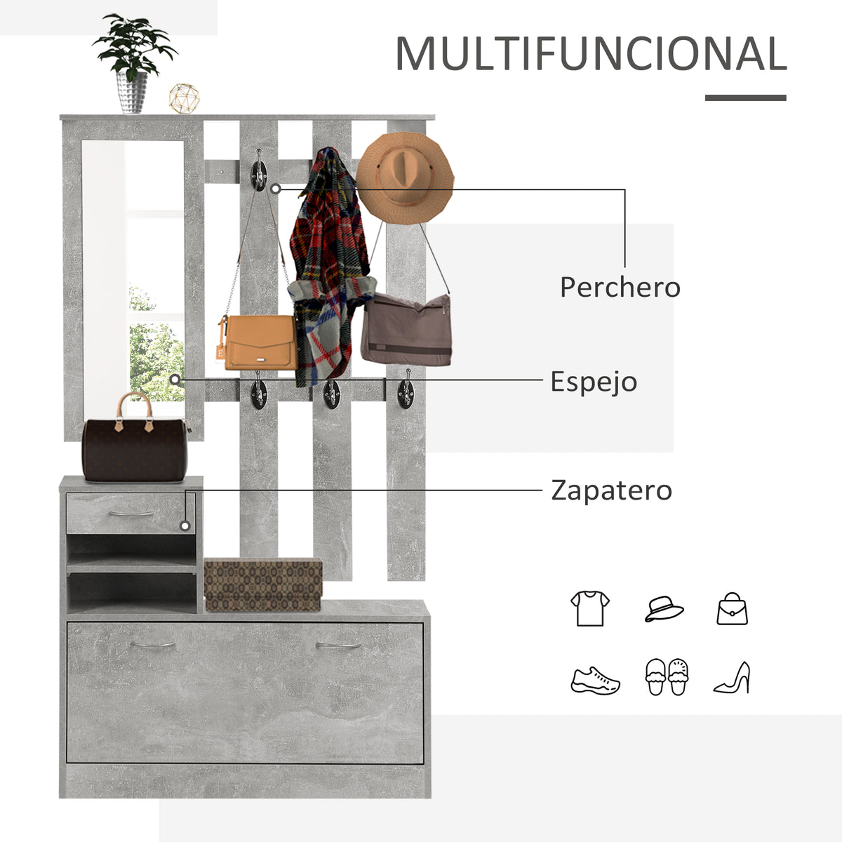 Móvel Cabide de Entrada de 3 Peças Armário de Entrada com Cabide Espelho Sapateira e Gaveta 90x10x102 cm Cinza — foto 5