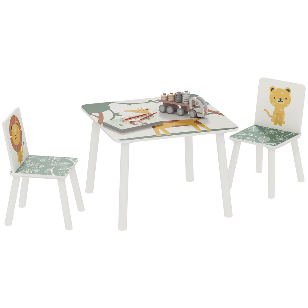 Mesa e Cadeiras para Crianças de 3 Peças Mesa Infantil com 2 Cadeiras em Madeira Conjunto de Móveis com Desenhos de Leões para Crianças Acima de 3 Anos para Quarto Sala de Jogos Verde — foto 1