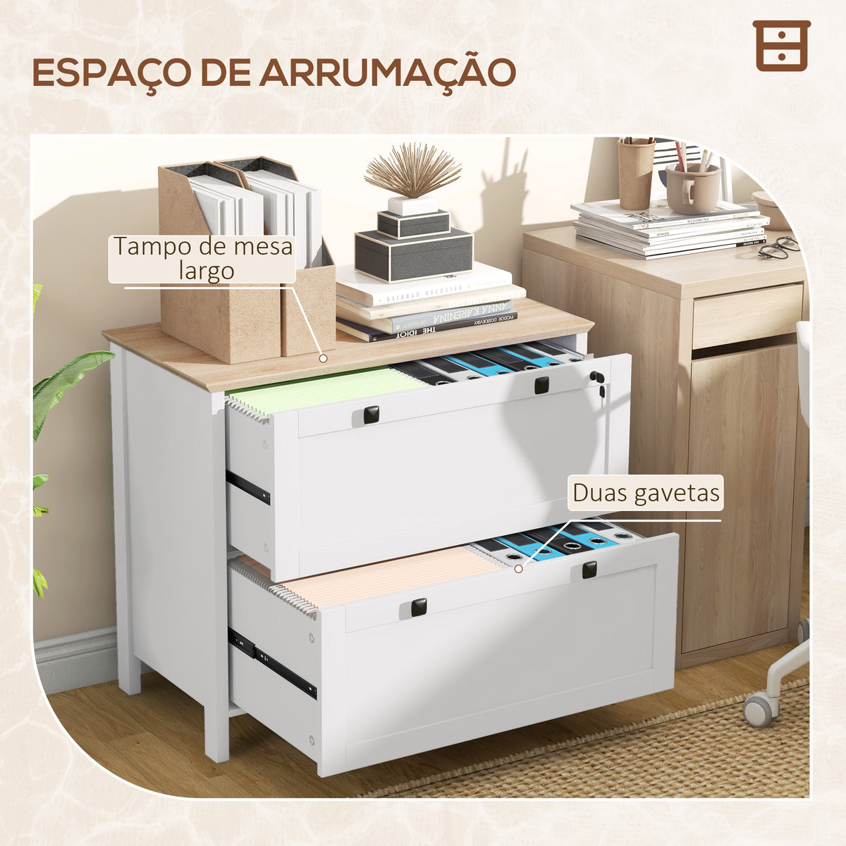 Armário de Escritório Móvel Arquivador com 2 Gavetas 2 Barras Suspensas Fechadura e 2 Chaves para Tamanho A4 para Estúdio Sala de Estar 79x40x72 cm Branco e Madeira — foto 4
