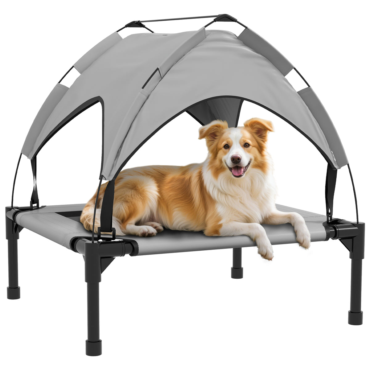 awHut Cama para Cães Elevada com Toldo Cama para Cães Médios com Estrutura de Aço e Bolsa de Transporte para Interior e Exterior 76x61x69,5 cm Cinzento Claro — foto 1