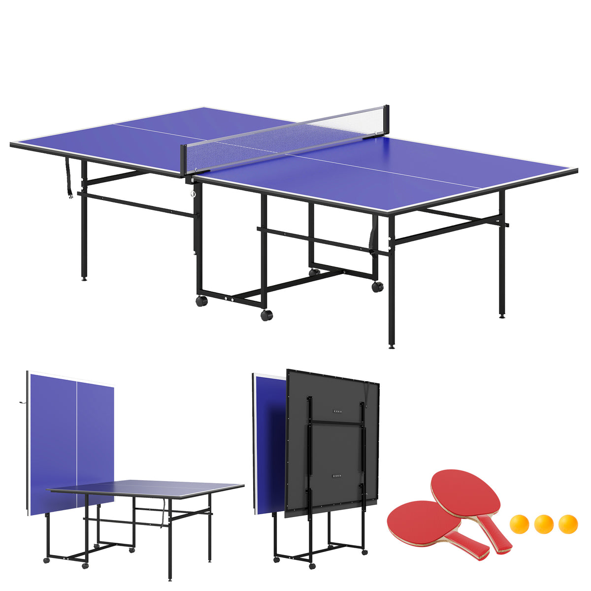 Mesa de Ping Pong Dobrável Mesa de Ping Pong Profissional com 4 Rodas Rede 2 Raquetes e 3 Bolas para Interior e Exterior 274x152,5x75,5 cm Azul — foto 1
