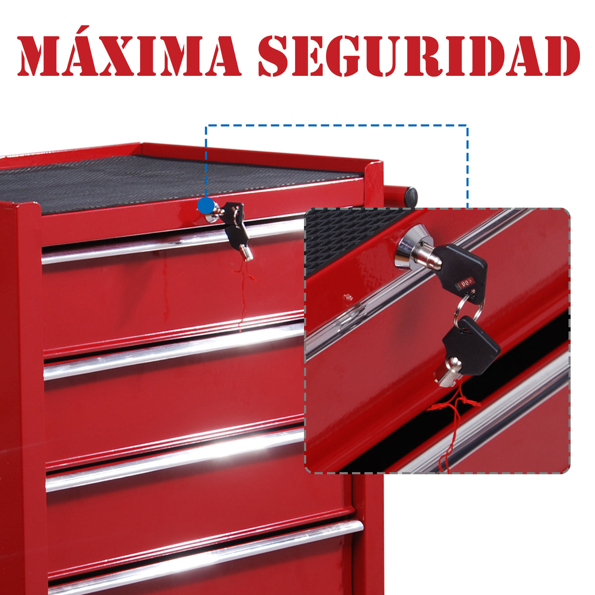 Carrinho de Ferramentas para Oficina com Rodas e 5 Gavetas Fechadura e Alça Lateral 67,5x33x77 cm Vermelho — foto 4