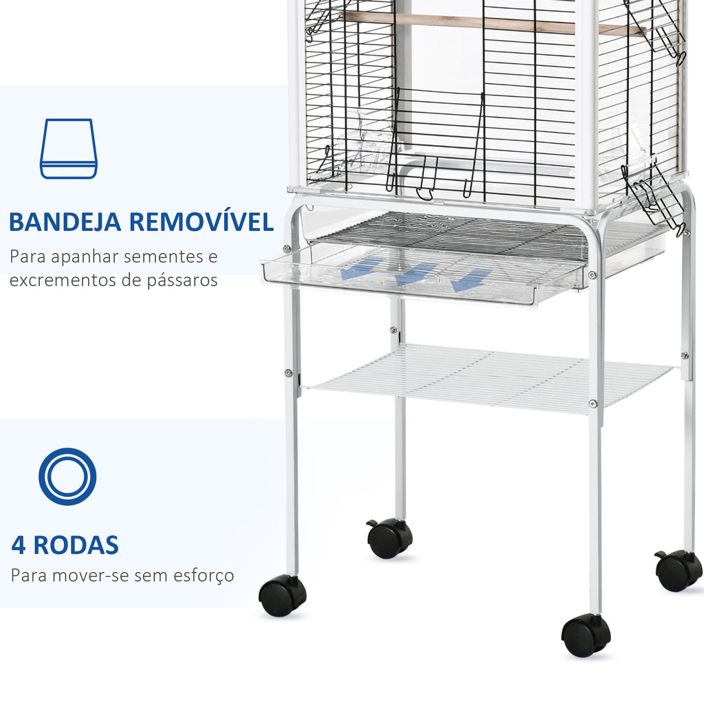 Gaiola para Passáros com Suporte Desmontável Gaiola com 4 Rodas Teto com Abertura 2 Comedouros 2 Poleiros e Bandeja para Periquitos Canários 47x35x106,5cm Branco — foto 5
